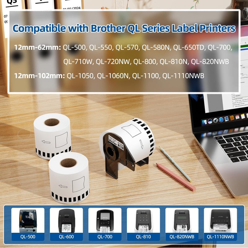 Anycolor DK-2205 Replace for Brother DK2205 (2.4 in x 100 ft) White Paper Label Maker Tape, Continuous Labels Use for Brother QL-800 QL-720NW QL-810W QL-820nwb Printer - 6 Rolls + 1 Frame - Image 3